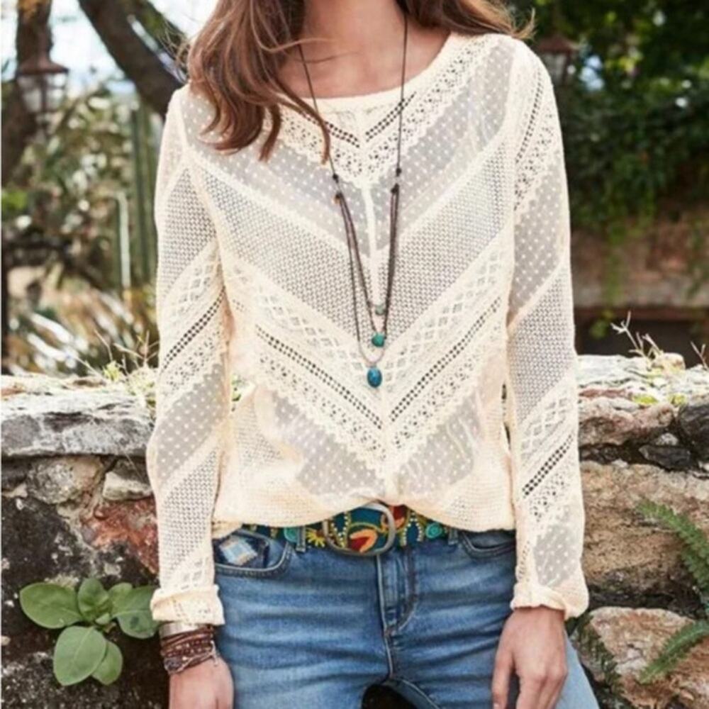 Sundance Cream Lace For Days Crochet Sheer Ivory Top size XS